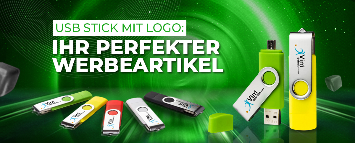 Farbenfrohe USB-Sticks mit Logo von Vim Solution auf grünem Hintergrund als perfekte Werbeartikel.